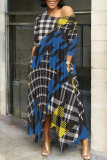 Brown Casual Plaid Geometric Print O Neck 3/4 Sleeve Pocket Irregular Hem Loose Vacation Maxi Dresses