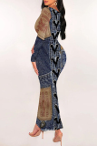 Dark Blue Casual Faux Denim Print Contrast U Neck Long Sleeve Bodycon Maxi Dresses