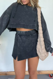 Rose Red Casual O Neck Long Sleeve Velvet Crop Sweatshirt And Slit Mini Skirt Sportwear Two Pieces Dress Sets