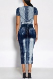 Dark Blue Casual Faux Denim Print O Neck Short Sleeve Bodycon Maxi T-shirt Dress