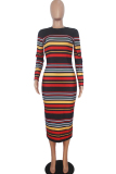 Red Striped Long Sleeve Bodycon Knit Midi Sweater Dress for Everyday Autumn Winter Outfit