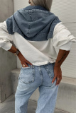 Black Casual Zipper Long Sleeve Washed Denim Patchwork Hooded Sweatshirt