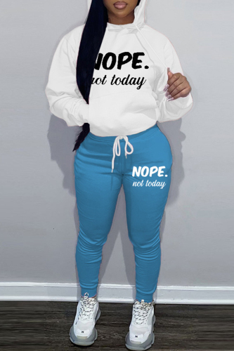 Sky Blue Casual Letters Print Hooded Long Sleeve Draw String Pocket Sweatshirt And Sweatpants Sportwear Two Pieces Jogger Sets