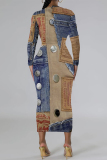 Dark Blue Casual Faux Denim Print Contrast O Neck Long Sleeve Bodycon Maxi Dresses