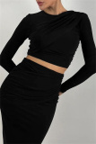 Black Casual O Neck Long Sleeve Crop Tops And Maxi Skirt Formal Party Evening Two Pieces Dress Sets