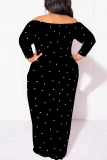 Beige Geometric Polka Dot Leopard Print Off Shoulder Long Sleeve Plus Size Bodycon Maxi Dress