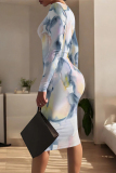 Gray Purple Street Geometric Print O Neck Long Sleeve Bodycon Midi Dresses