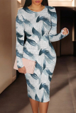 Gray Purple Street Geometric Print O Neck Long Sleeve Bodycon Midi Dresses