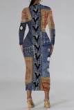 Dark Blue Casual Faux Denim Print Contrast O Neck Long Sleeve Bodycon Maxi Dresses