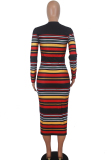 Red Striped Long Sleeve Bodycon Knit Midi Sweater Dress for Everyday Autumn Winter Outfit