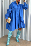 Blue Casual Shirt Collar Lantern Sleeve Buttons Vacation Pleated Ruched Shirt Midi Dresses