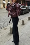 Claret Casual Buttons Turndown Collar Long Sleeve Leather Jackets