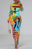 Brown Casual National Totem Print O Neck Long Sleeve Wrapped Skirt Bodycon Midi Dress