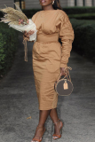 Dark Orange Casual O Neck Long Sleeve Draw String Lace Up Vacation Plus Size Ruched Maxi Dresses