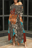 Brown Casual Plaid Geometric Print O Neck 3/4 Sleeve Pocket Irregular Hem Loose Vacation Maxi Dresses