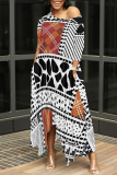 Brown Casual Plaid Geometric Print O Neck 3/4 Sleeve Pocket Irregular Hem Loose Vacation Maxi Dresses