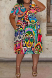 Colorful Casual Graphics Print V Neck Short Sleeve Loose Pockets Midi T-Shirt Dress
