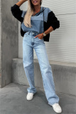 Black Casual Zipper Long Sleeve Washed Denim Patchwork Hooded Sweatshirt