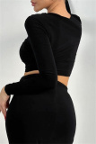 Black Casual O Neck Long Sleeve Crop Tops And Maxi Skirt Formal Party Evening Two Pieces Dress Sets
