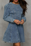 Black Casual O Neck Long Sleeve Pleated Denim Mini Dresses
