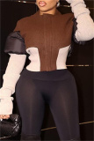 Brown High Neck Long Sleeve Casual Outing Streetwear Zip-Up Knit Patchwork Cropped Jacket Fall Winter Women's Outerwear