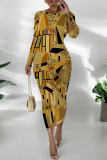 Brown Casual National Totem Print O Neck Long Sleeve Wrapped Skirt Bodycon Midi Dress
