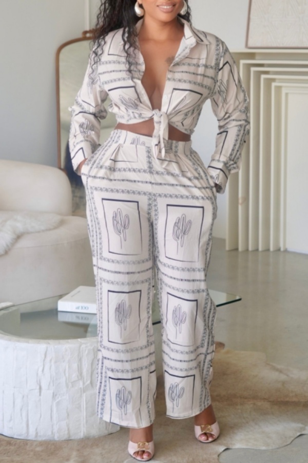 Apricot Casual Graphics Print Turndown Collar Long Sleeve Buttons Blouse And Wide Leg Pants Vacation Two Pieces Trouser Sets
