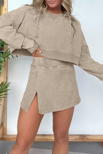 Rose Red Casual O Neck Long Sleeve Velvet Crop Sweatshirt And Slit Mini Skirt Sportwear Two Pieces Dress Sets