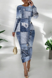 Dark Blue Casual Faux Denim Print Contrast O Neck Long Sleeve Bodycon Maxi Dresses