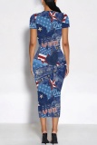 Dark Blue Casual Faux Denim Print O Neck Short Sleeve Bodycon Maxi T-shirt Dress