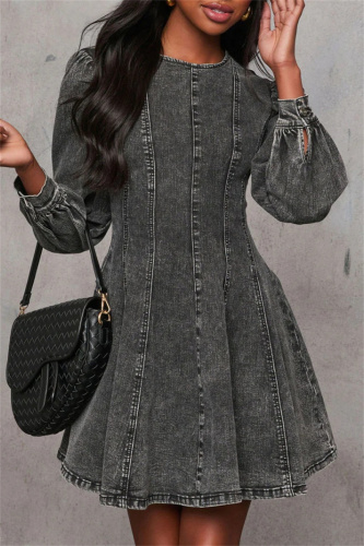Black Casual O Neck Long Sleeve Pleated Denim Mini Dresses