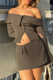 Black Casual Off Shoulder Long Sleeve Buttons Crop Tops And Mini Skirt Night Club Two Pieces Dress Sets
