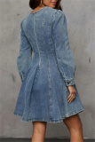 Black Casual O Neck Long Sleeve Pleated Denim Mini Dresses