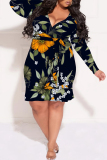 Reddish Brown Casual Plaid Floral Print Lace Up V Neck Long Sleeve Ruffle Hem Vacation Plus Size Bodycon Midi Dresses