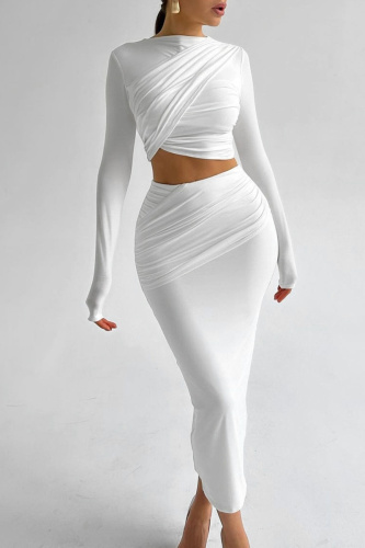 Black Casual O Neck Long Sleeve Crop Tops And Maxi Skirt Formal Party Evening Two Pieces Dress Sets