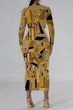 Brown Casual National Totem Print O Neck Long Sleeve Wrapped Skirt Bodycon Midi Dress