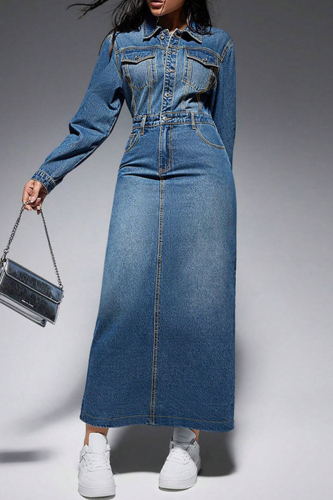 Blue Street Turndown Collar Long Sleeve Pocket Buckle Straight Denim Maxi Dresses