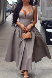 Grey Sleeveless Backless Long Vacation Halter Pleated Maxi Slip Dresses