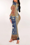 Dark Blue Casual Faux Denim Print Contrast U Neck Long Sleeve Bodycon Maxi Dresses
