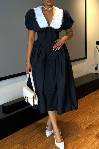 Black V Neck Hubble-Bubble Sleeve Long Vacation A Line Maxi Dresses