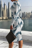 Gray Purple Street Geometric Print O Neck Long Sleeve Bodycon Midi Dresses