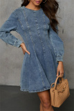 Black Casual O Neck Long Sleeve Pleated Denim Mini Dresses