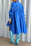 Blue Casual Shirt Collar Lantern Sleeve Buttons Vacation Pleated Ruched Shirt Midi Dresses