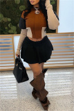 Brown High Neck Long Sleeve Casual Outing Streetwear Zip-Up Knit Patchwork Cropped Jacket Fall Winter Women's Outerwear