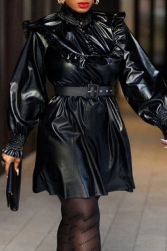 Black Casual Turtleneck Long Sleeve Ruffle Trim Leather Jackets Plus Size Overcoat (Without Belt)