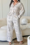Apricot Casual Graphics Print Turndown Collar Long Sleeve Buttons Blouse And Wide Leg Pants Vacation Two Pieces Trouser Sets