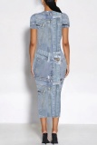 Dark Blue Casual Faux Denim Print O Neck Short Sleeve Bodycon Maxi T-shirt Dress