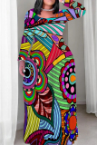 Orange Red Casual Graphics Print O Neck Long Sleeve Straight Loose Plus Size Maxi Dresses