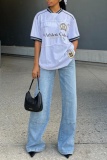 White Casual Sportswear Print V Neck Half Sleeve Oversize T-Shirts