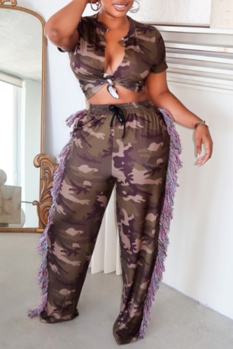 Casual Camouflage Print V Neck Short Sleeve Front Tie Crop Tops And Tassel Wide Leg Pants Two Pieces Trouser Sets